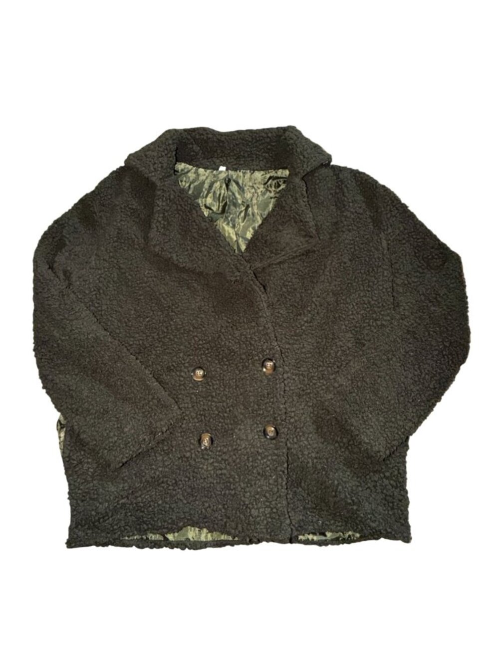 Women's Green Fuzzy Teddy Jacket Double Breasted Silky Lined Size L